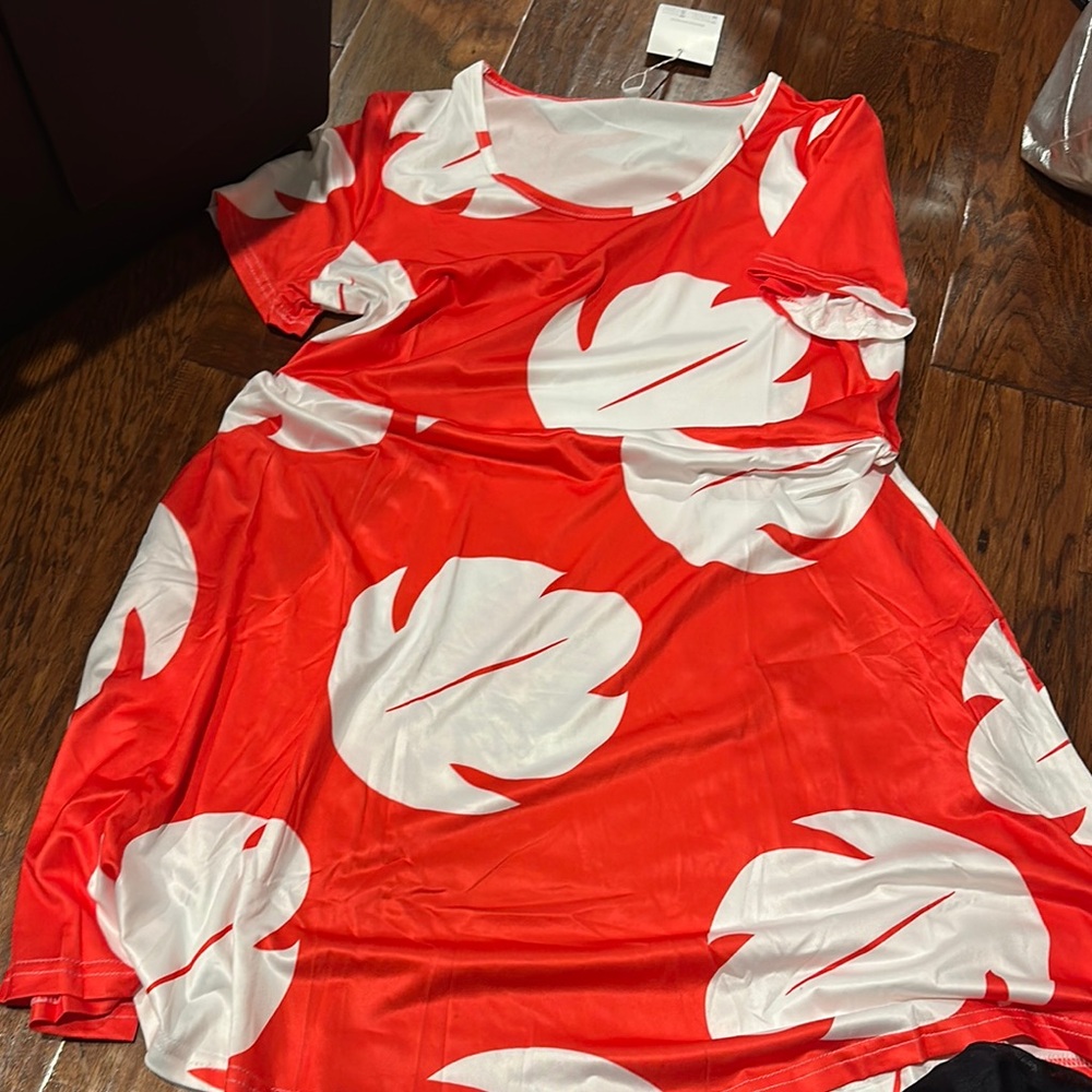Red and White Leaf Print Mini Dress